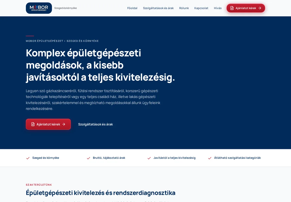 MOBOR Épületgépészet weboldalának képernyőképe